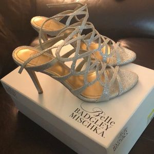 Belle Badgley Mischka silver heels